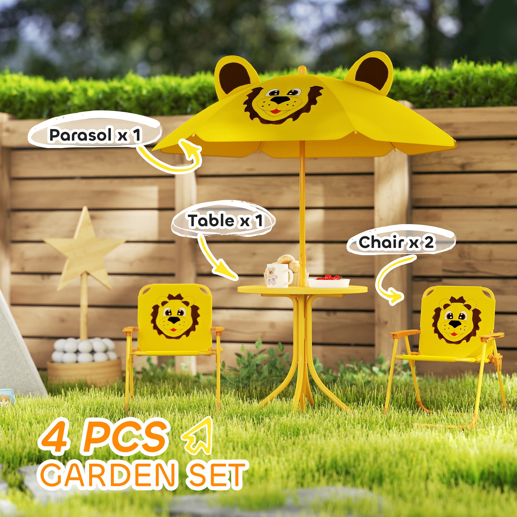 Kids Picnic Table And Chair Set, Outdoor Activity Table With Foldable Chairs, Height Adjustable Umbrella, Yellow