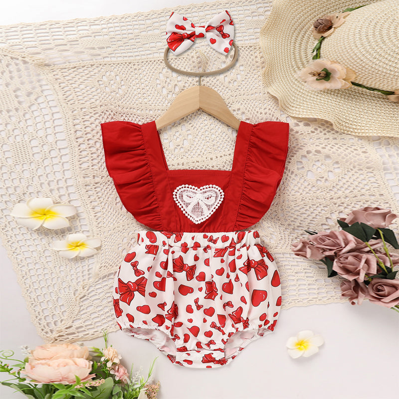 Baby Newborn Comfortable Romper, Sweet Heart & Bow Print Onesie With Ruffle Trim And Snap Closure