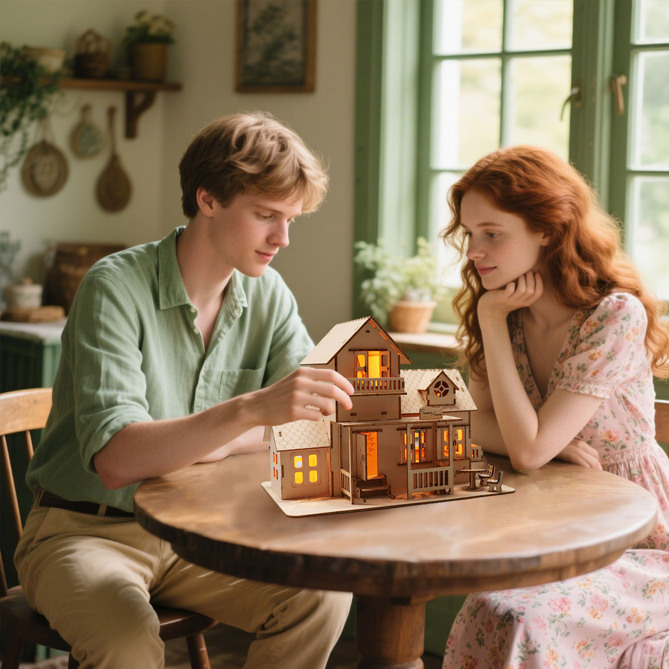 MUSIC PARK 3D Wooden Puzzle Sweet Home Music Box Hands Craft Miniature Dollhouse Kits 3D Model Diy House Building With LED Night Lights Gifts For Christmas