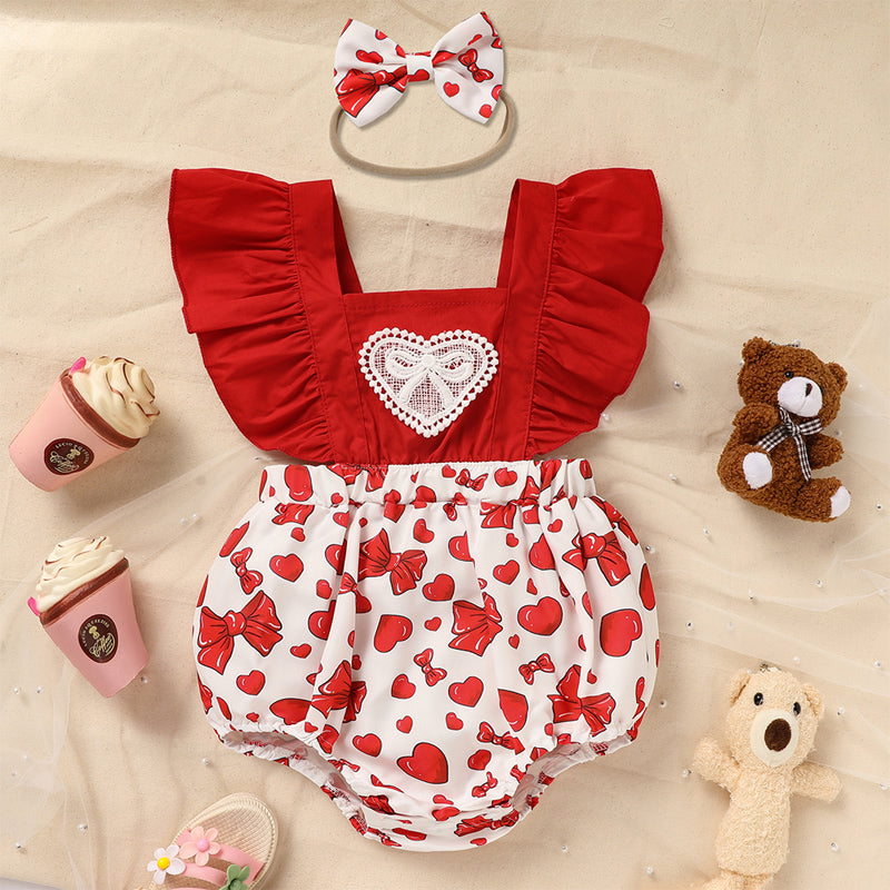 Baby Newborn Comfortable Romper, Sweet Heart & Bow Print Onesie With Ruffle Trim And Snap Closure