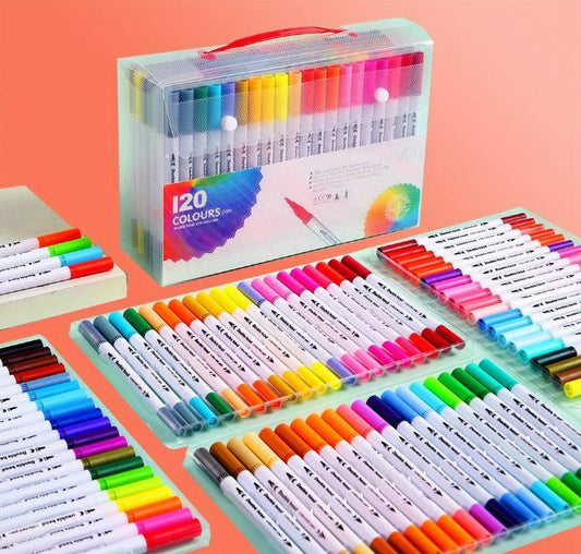 120-Piece Colored Marker And Watercolor Pen Set - Highly Saturated Colors, Quick-Drying, Bleed-Resistant, Dual Nibs, Art Essentials, Portable And Organizable, Spark Your Creativity Anytime.