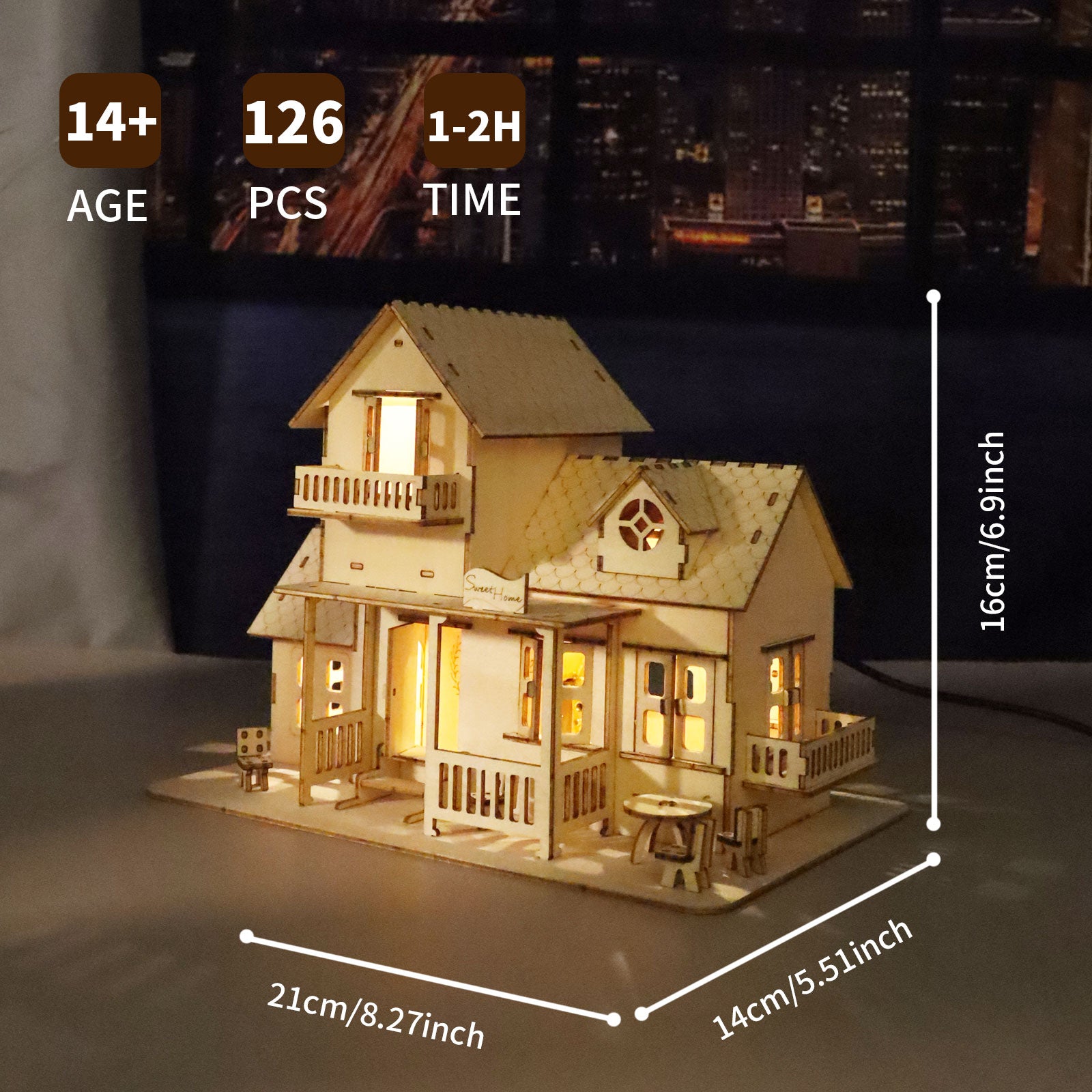 MUSIC PARK 3D Wooden Puzzle Sweet Home Music Box Hands Craft Miniature Dollhouse Kits 3D Model Diy House Building With LED Night Lights Gifts For Christmas