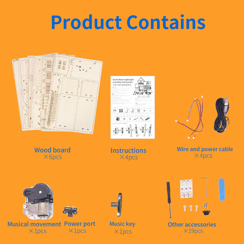 MUSIC PARK 3D Wooden Puzzle Sweet Home Music Box Hands Craft Miniature Dollhouse Kits 3D Model Diy House Building With LED Night Lights Gifts For Christmas