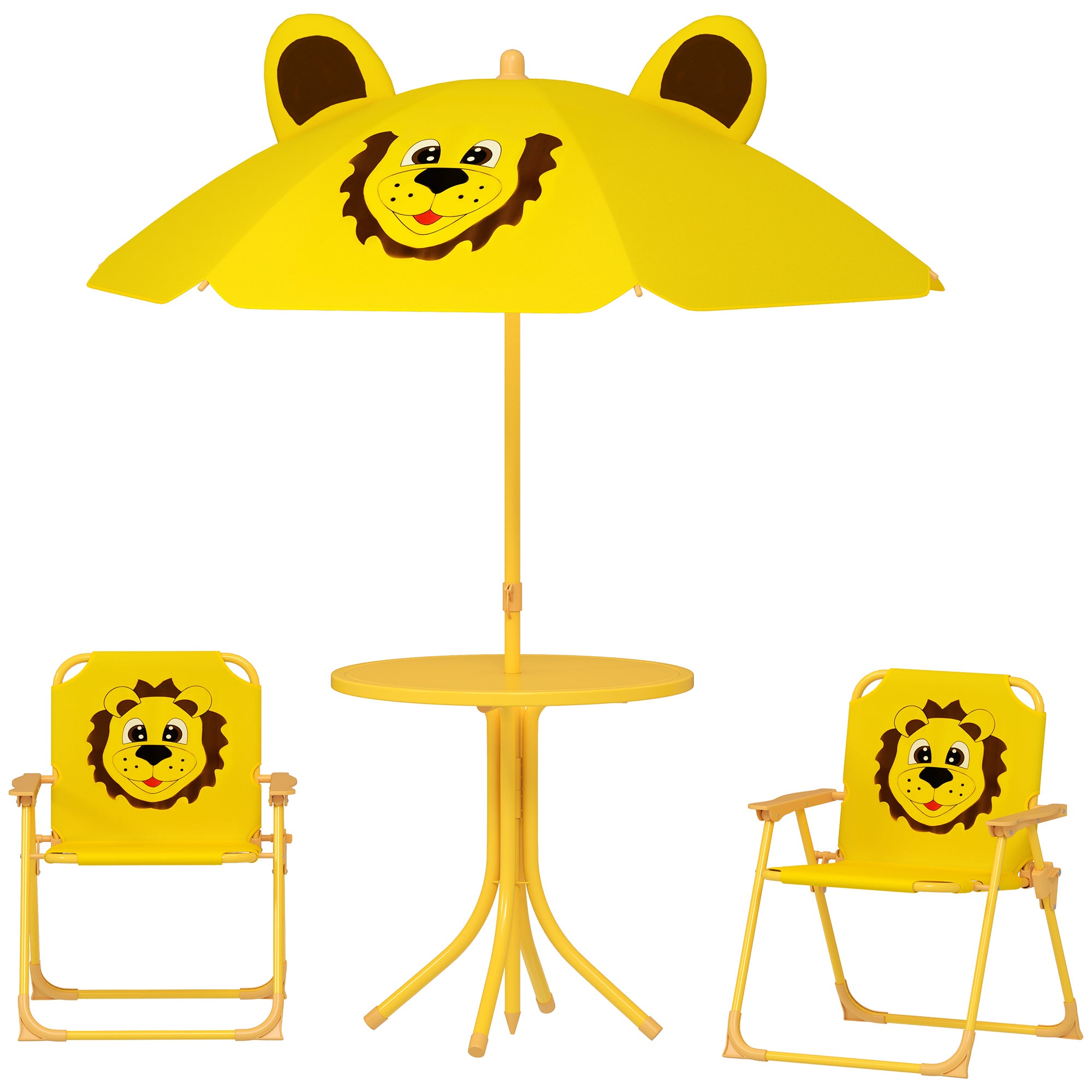 Kids Picnic Table And Chair Set, Outdoor Activity Table With Foldable Chairs, Height Adjustable Umbrella, Yellow