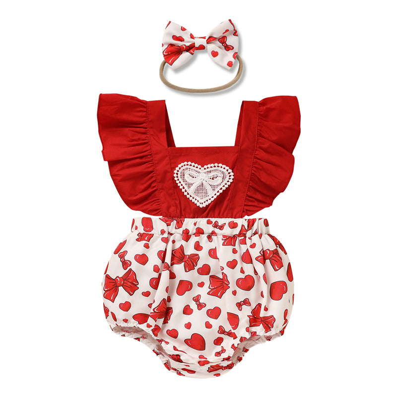 Baby Newborn Comfortable Romper, Sweet Heart & Bow Print Onesie With Ruffle Trim And Snap Closure